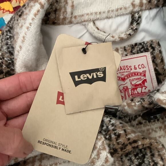 NWT Levi’s Ivory & Brown Plaid Zip Button Midi Maxi Shacket Coat - Picture 4 of 9